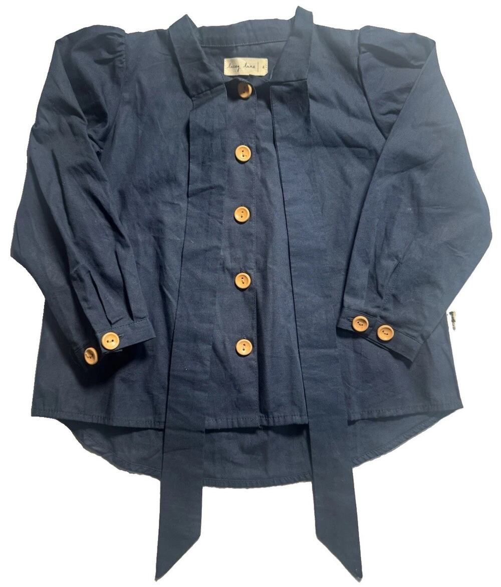 Lacey Lane Girls 4 Navy Cotton Button Front Tie Blouse